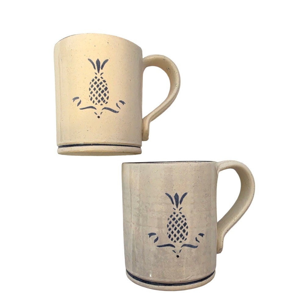 Vintage Salt Glazed Stoneware Pineapple Mugs Set of 2 Blue Cream Pottery